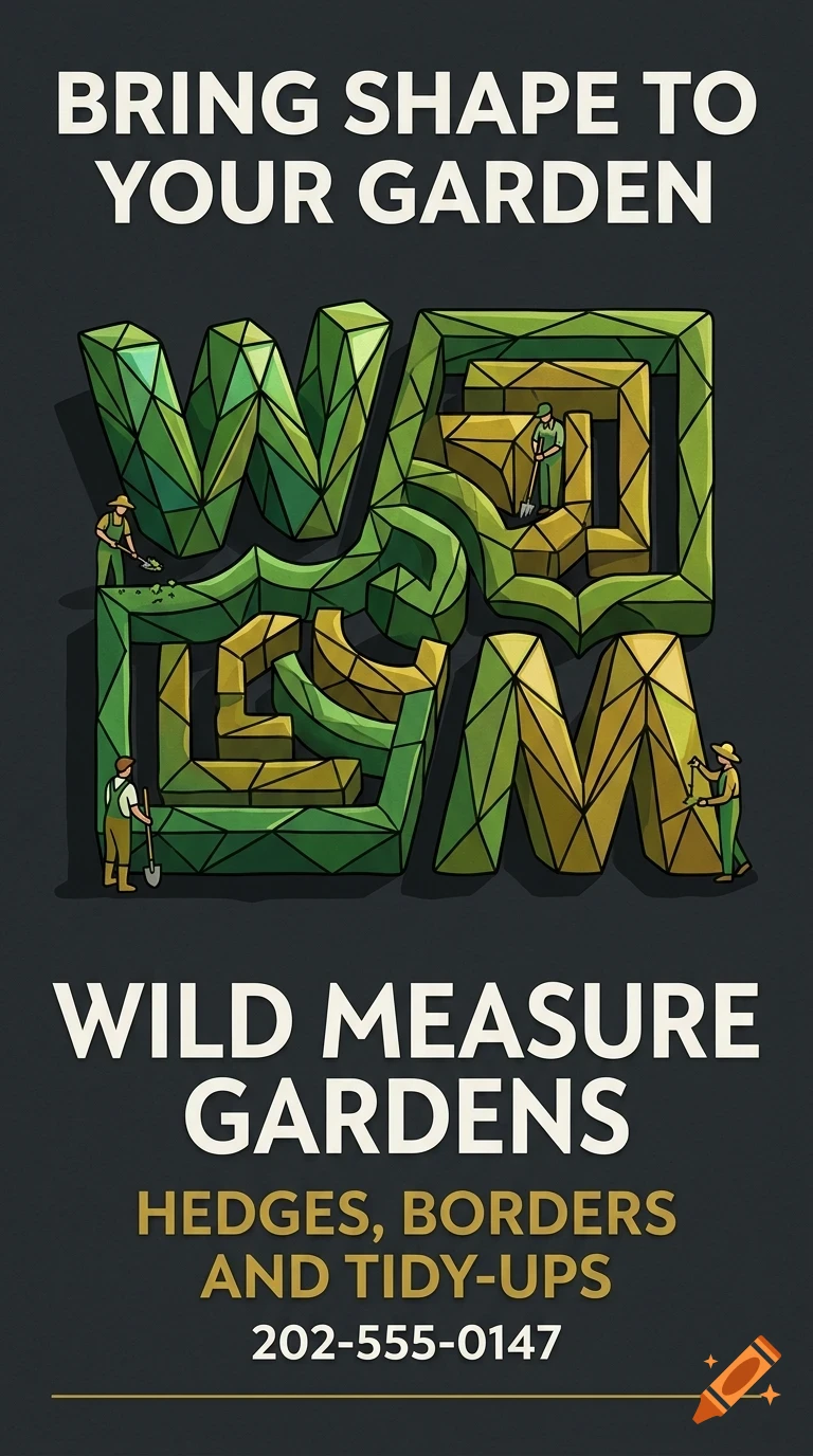 A poster featuring stylized green topiary letters spelling out WM, with tiny gardeners tending to them, alongside the text Wild Measure Gardens.