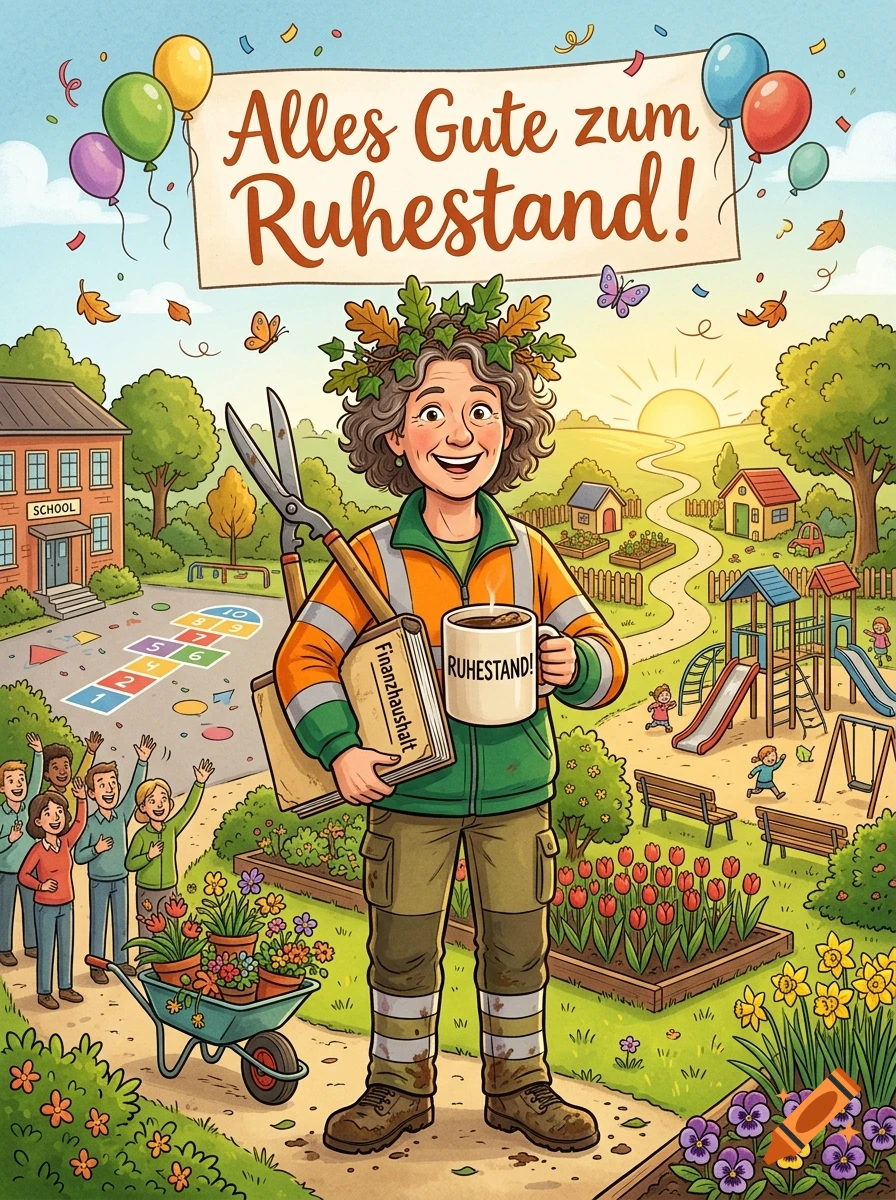 Cartoon illustration of a retired female parks worker holding garden shears, a ledger labeled Finanzhaushalt, and a mug that says Ruhestand!