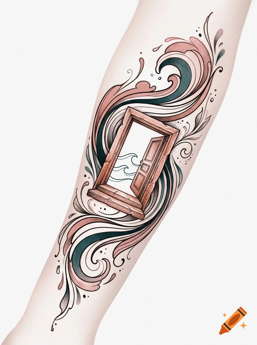 An open door with swirling abstract waves and decorative line art, styled as a tattoo on an arm.