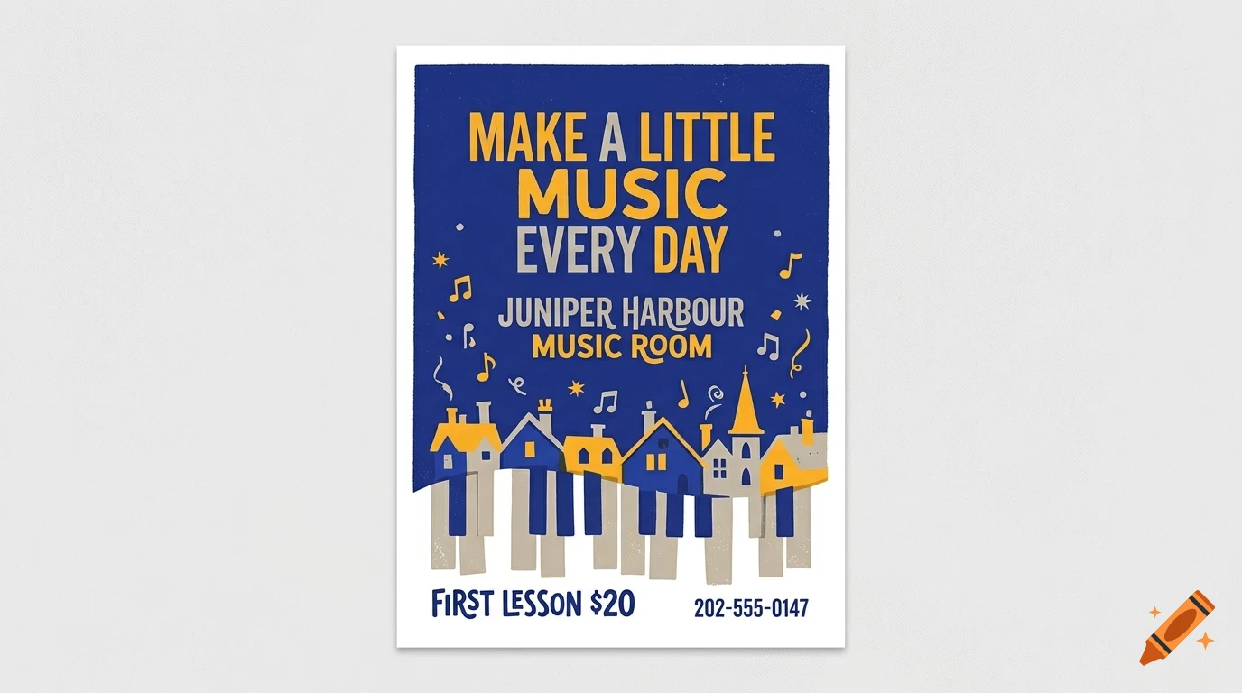 A poster with blue and yellow design featuring piano keys, houses, musical notes, and the text Make a little music every day.