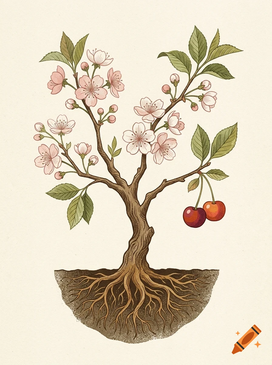 An illustrative diagram of a cherry tree with roots underground, pink blossoms, green leaves, and two ripe cherries.
