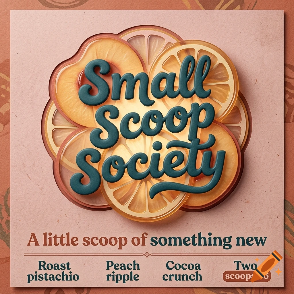 An illustration with text reading Small Scoop Society layered over sliced citrus fruit graphics on a pink background.