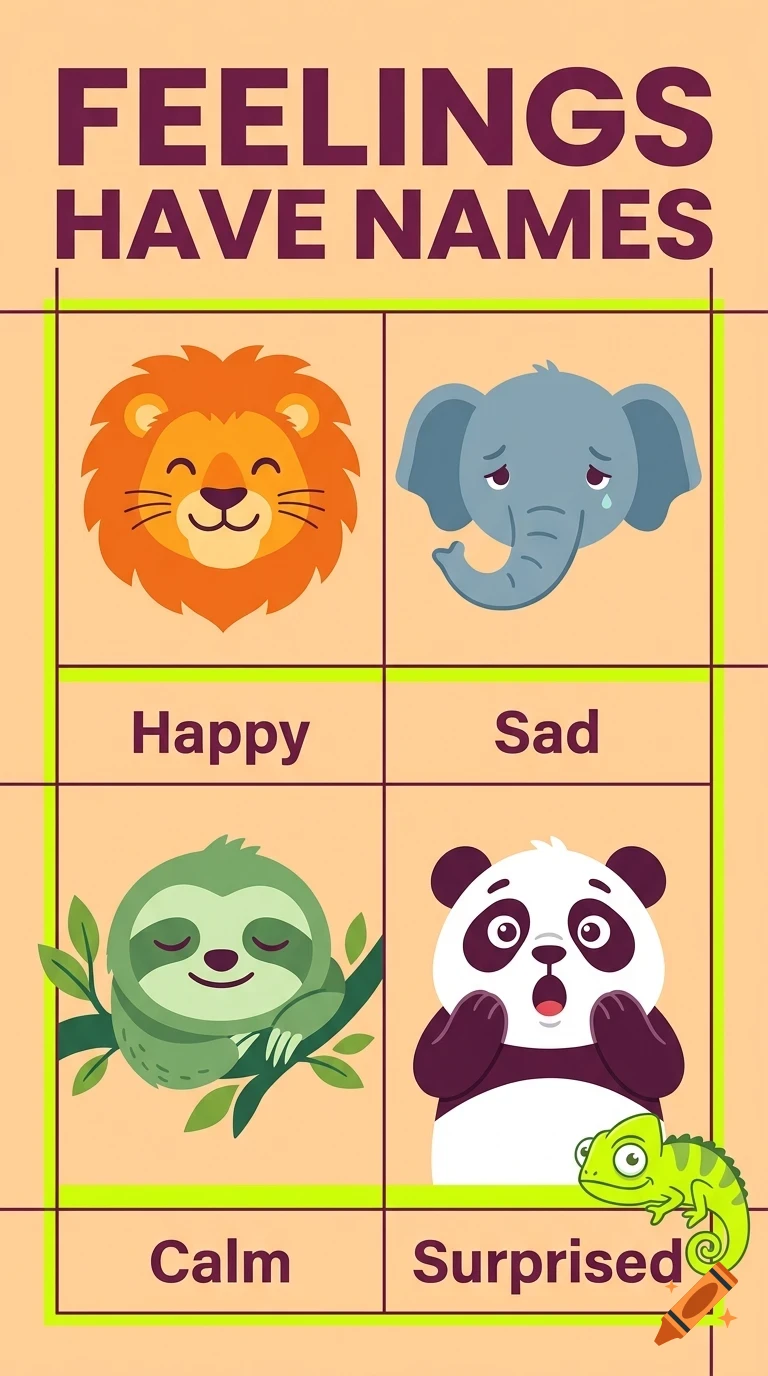 An educational poster titled 'FEELINGS HAVE NAMES' showing illustrations of a happy lion, a sad elephant, a calm sloth, and a surprised panda.