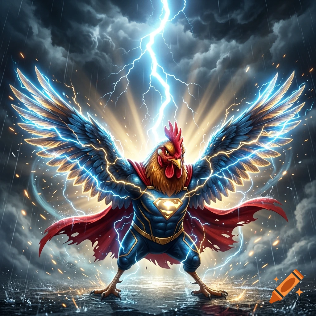 A muscular rooster superhero in a blue suit with a red cape and an "S" symbol, with glowing wings and lightning in a stormy sky.