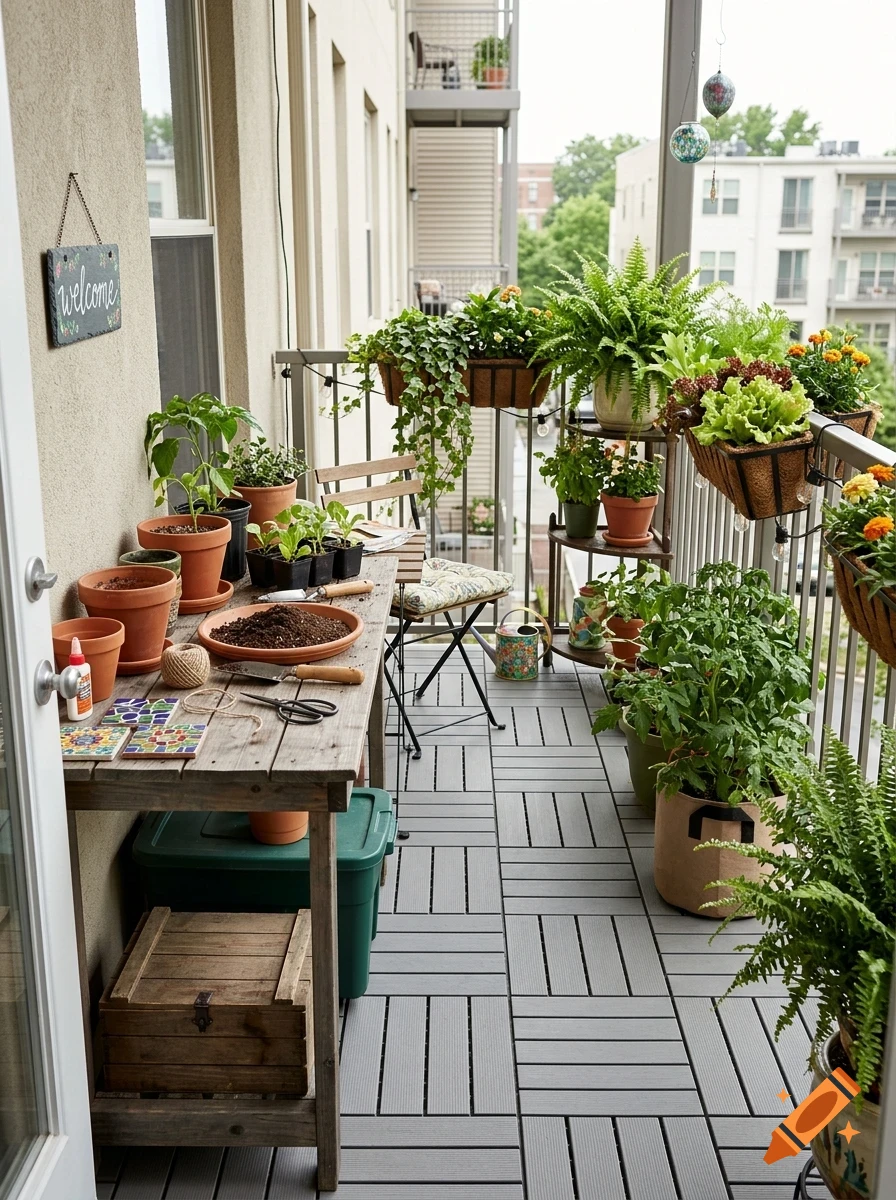 An apartment balcony decorated with numerous potted plants, a wooden potting bench with gardening tools, and a small folding chair.