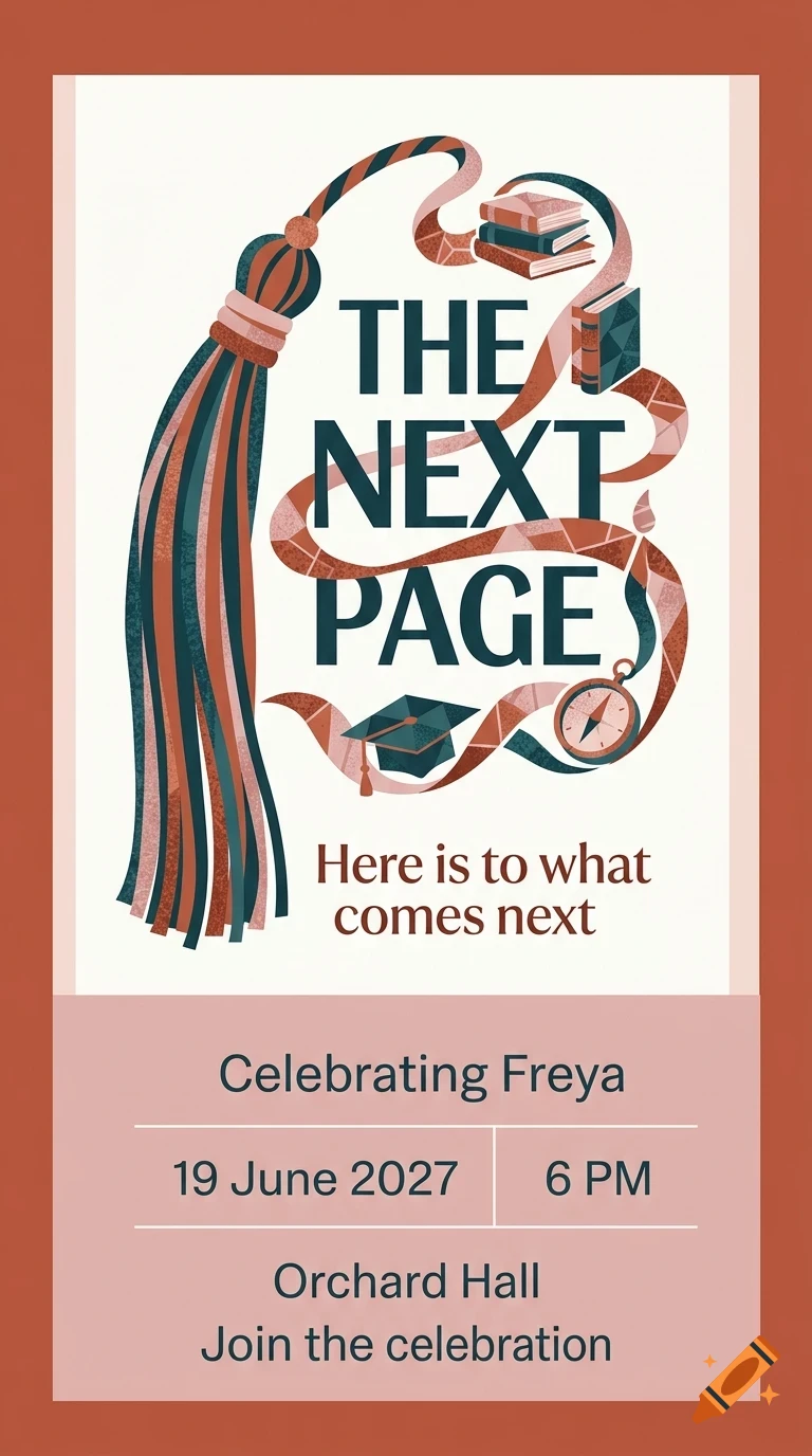 An illustration with text reading THE NEXT PAGE, a large tassel, stacked books, a graduation cap, and a compass.