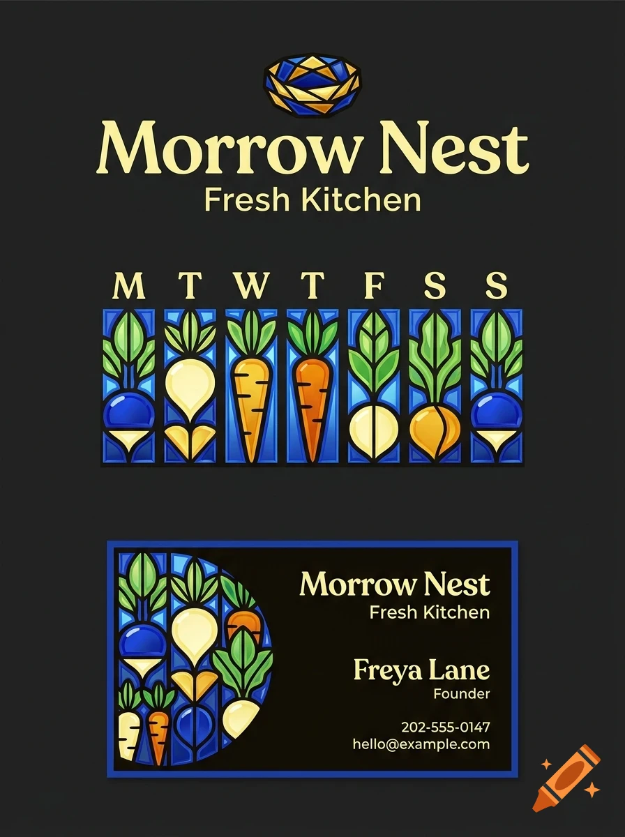 A design brand identity for Morrow Nest Fresh Kitchen featuring stained glass style illustrations of vegetables and business card layouts.