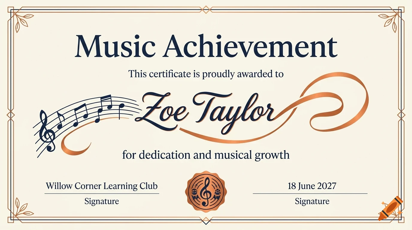 A certificate of music achievement awarded to Zoe Taylor, featuring musical notes and decorative borders.