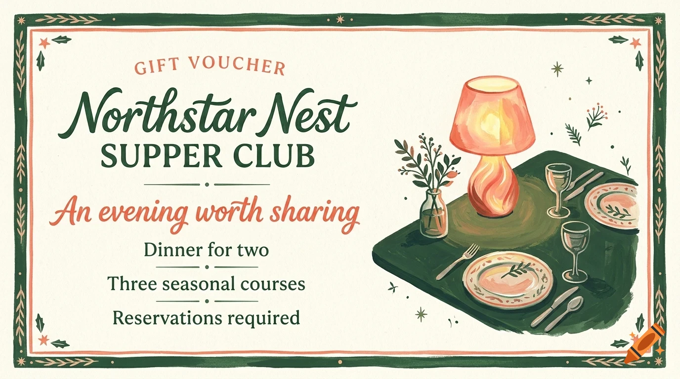 An illustrated gift voucher for Northstar Nest Supper Club, featuring text and a cozy dinner setting with a lit lamp.