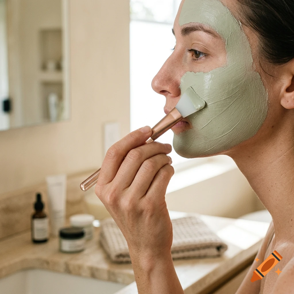 Close-up profile of a woman applying a green clay face mask with a silicone brush in a bathroom.