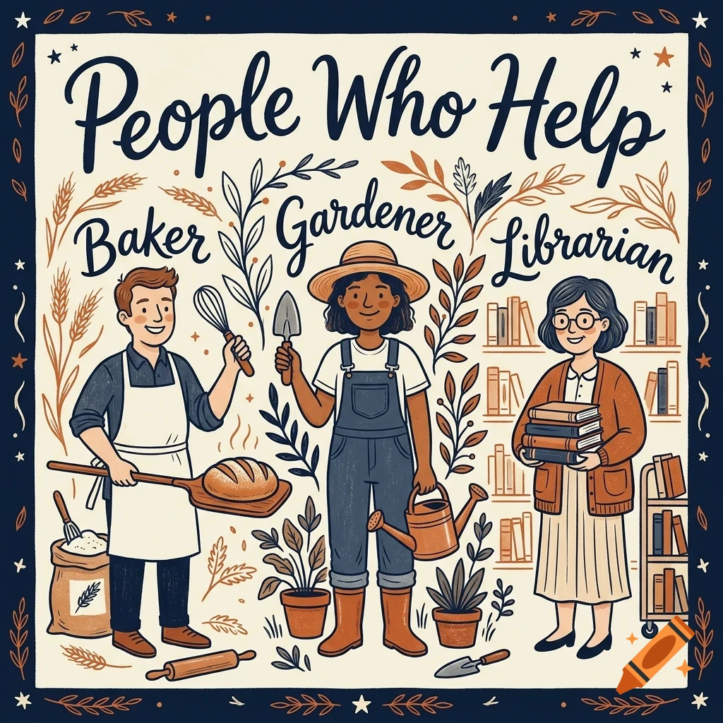 An illustrated poster titled People Who Help featuring a baker, gardener, and librarian with related objects and lettering.