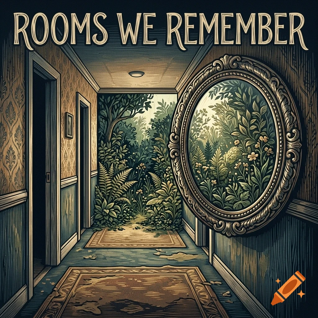 An illustrated hallway interior with patterned wallpaper, doors, an ornate mirror reflecting plants, and the text "ROOMS WE REMEMBER" at the top.