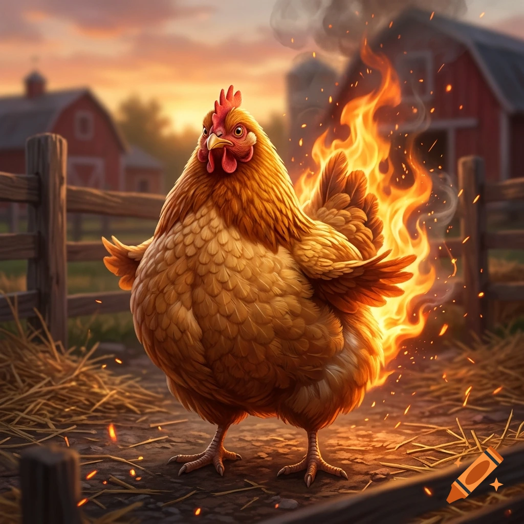 A plump golden chicken standing in a farmyard with flames bursting from its tail feathers, digital illustration.