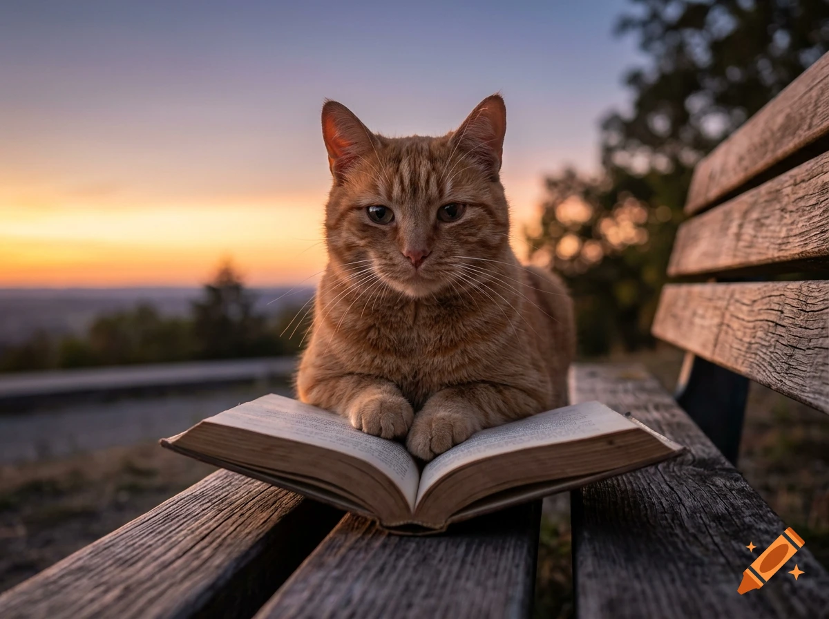 An orange tabby cat resting its paws on an open book placed on a wooden bench outdoors at sunset.