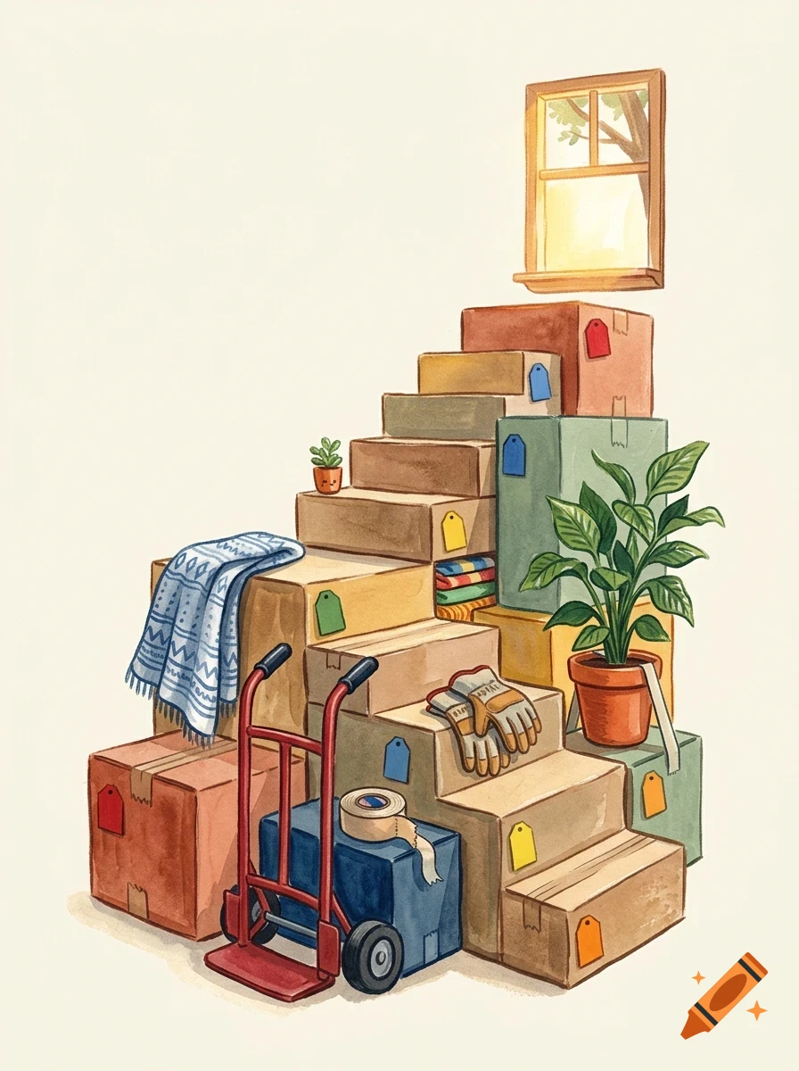 An illustration of moving boxes arranged like a staircase, with a hand truck, plants, blanket, and a window above.