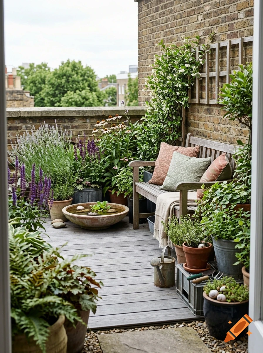 A cozy rooftop terrace with a wooden bench, potted plants, flowers, a small water basin, and a brick wall.