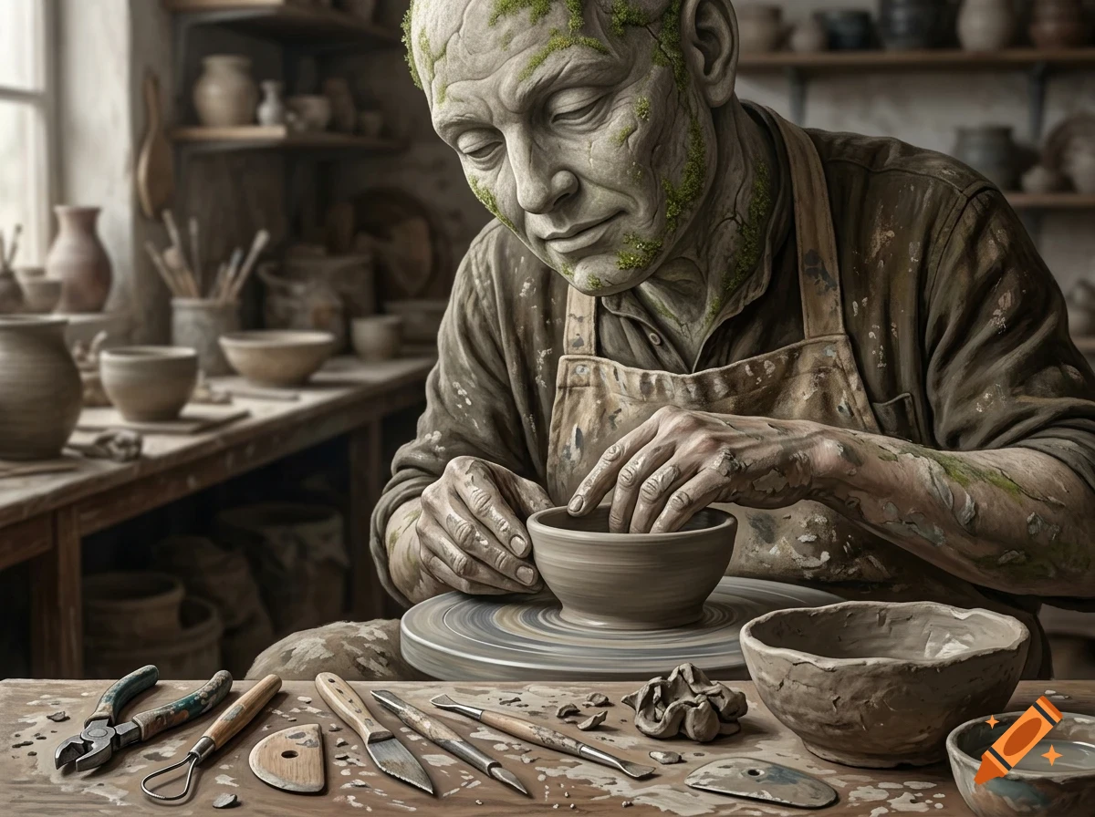 A stone-like artisan with moss growing on their head and face works on a clay bowl at a pottery wheel in a workshop.
