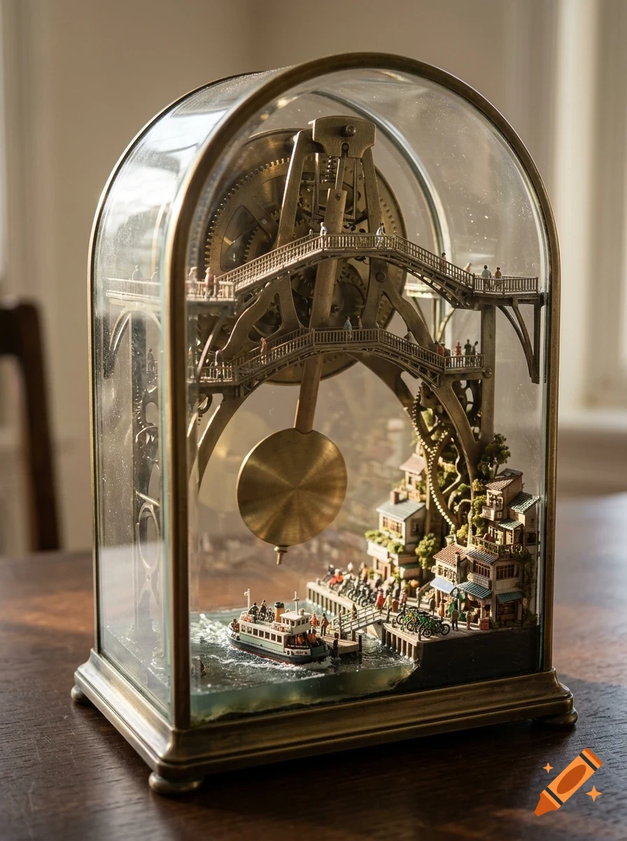 An intricate miniature diorama inside a glass-domed clock case featuring clockwork gears, bridges, tiny people, a village, and a boat on water.