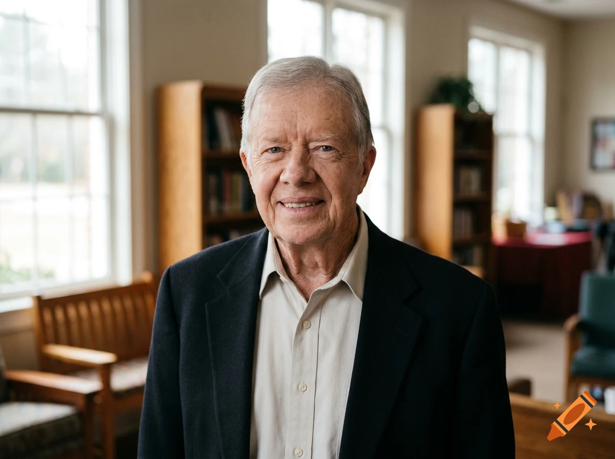 Photorealistic portrait of Jimmy Carter smiling warmly in a room with a wooden bookshelf and window in the background.