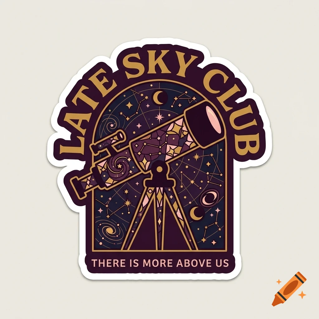 A sticker depicting a telescope pointed at a starry night sky with constellations, surrounded by the text LATE SKY CLUB and THERE IS MORE ABOVE US.