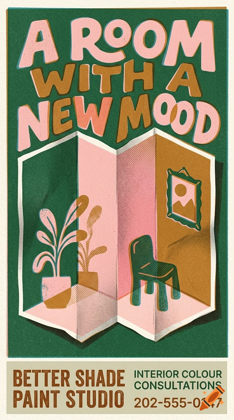 An illustrated poster with the text A ROOM WITH A NEW MOOD, showing an interior mockup with plants, a chair, and a framed picture.