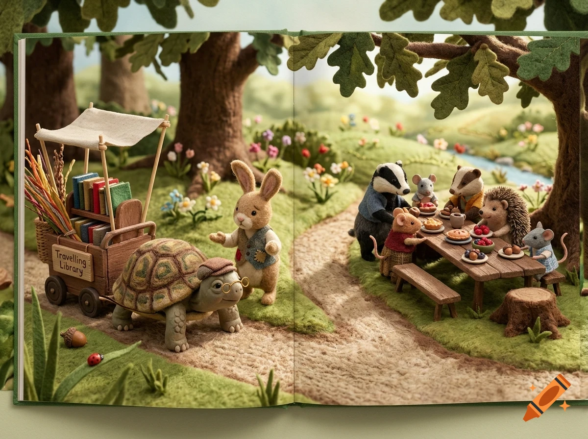 An open storybook showing a miniature felt-art scene of anthropomorphic animals having a picnic and a turtle pulling a travelling library cart along a path.