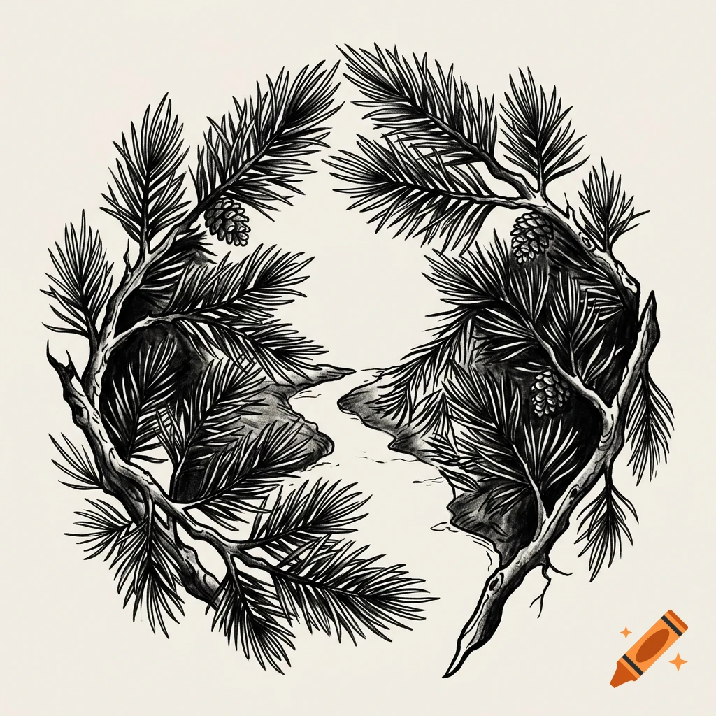 Black and white ink illustration of pine branches with pinecones forming a circular frame.