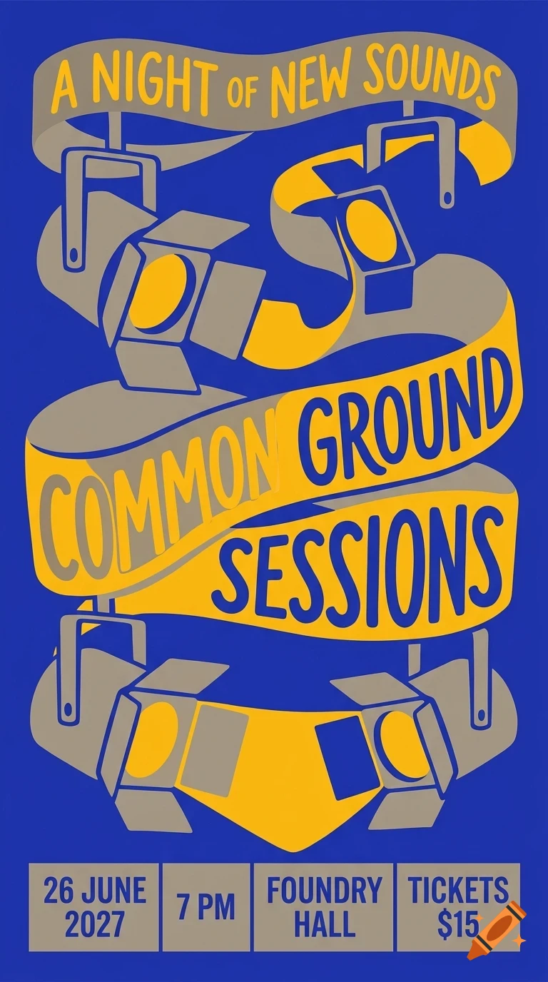 A stylized poster for Common Ground Sessions featuring stage lights and event details on a blue background.