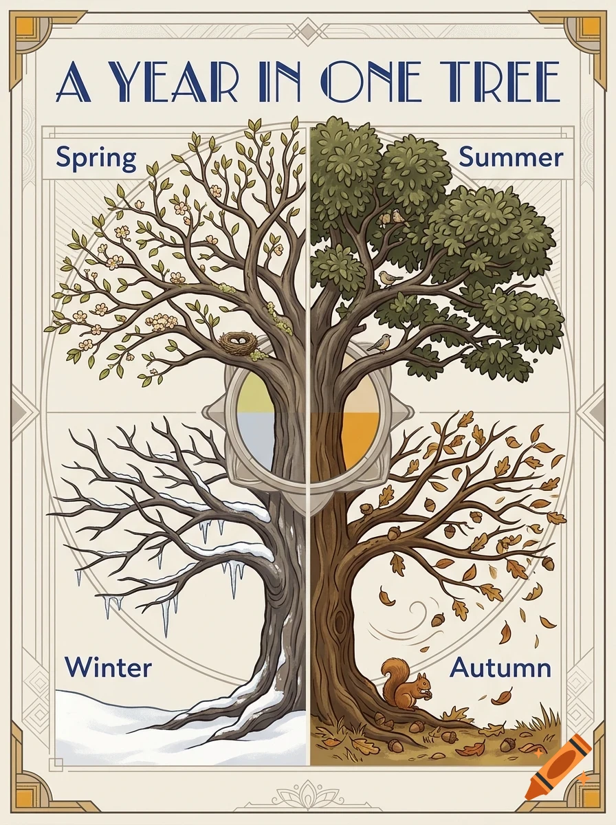 An art print titled A Year In One Tree divided into four quadrants showing a tree in spring, summer, autumn, and winter.