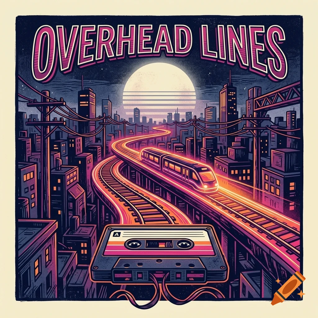 An illustration of a cassette tape with glowing pink and orange light streams traveling into a city skyline with a train on elevated tracks and the text OVERHEAD LINES above.