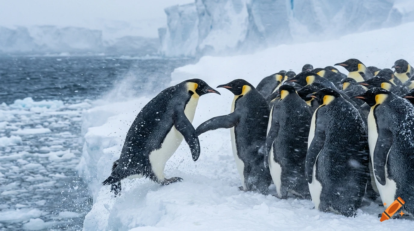 A colony of emperor penguins standing on a snowy shelf by the ocean.