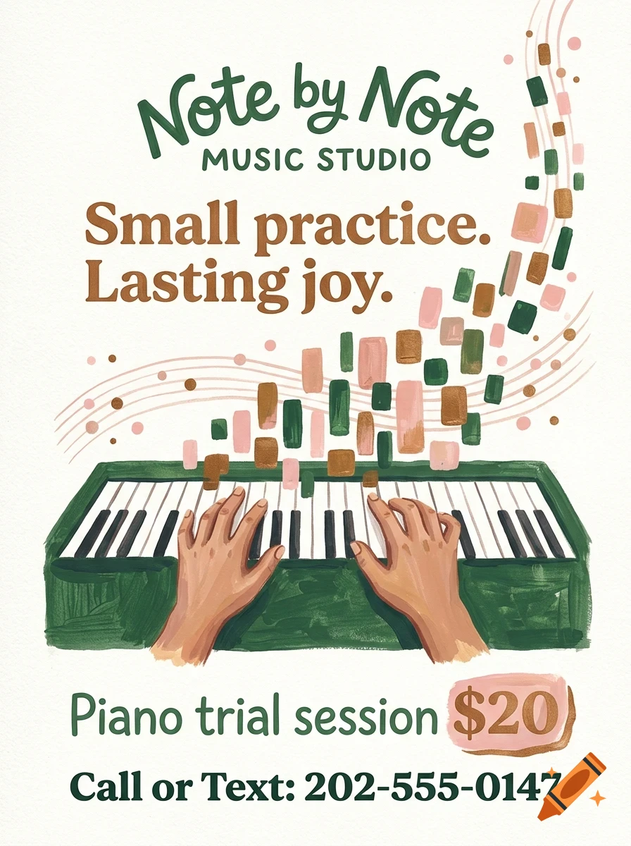 An illustrated poster for Note by Note Music Studio featuring hands playing a green piano, musical notes as blocks floating upward, and text offering a piano trial session.