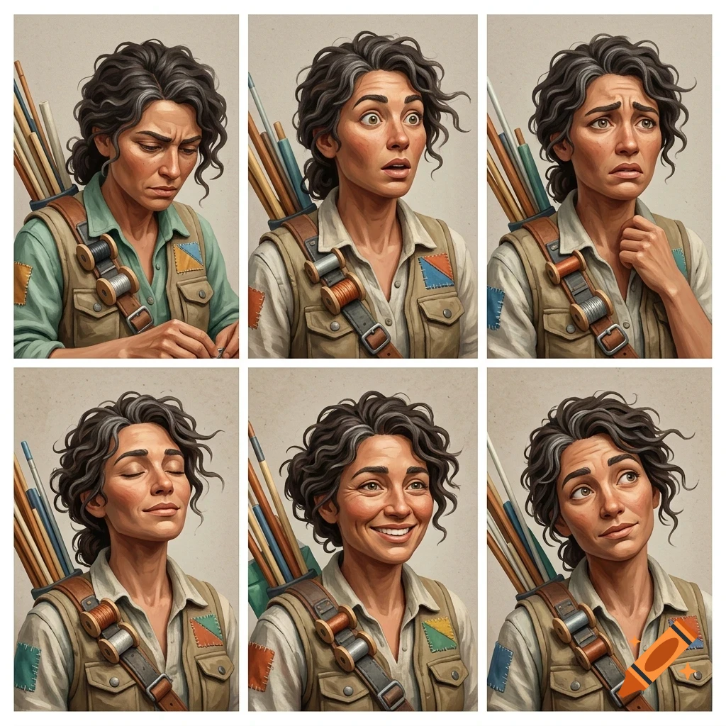 A character concept sheet showing six different facial expressions and poses of a woman with curly dark hair carrying arrows on her back.