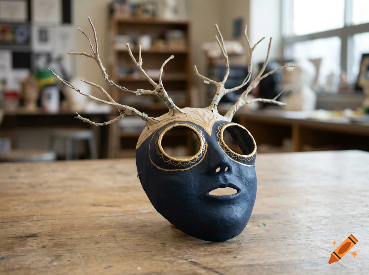 A dark blue paper mache mask with gold-rimmed eye sockets and twig antlers, sitting on a wooden table in an art studio.