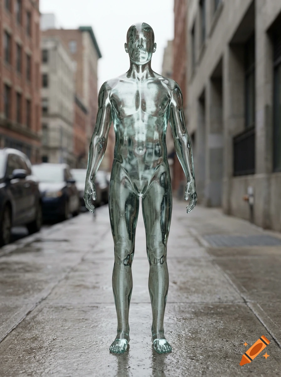 Photorealistic full-body statue made of glass standing on a city sidewalk.