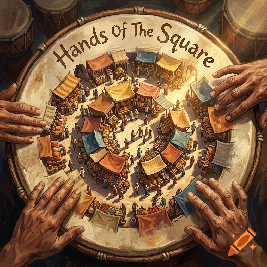 An overhead view of a large drum being played by multiple hands, with a bustling marketplace painted on the drumhead and the text Hands Of The Square.