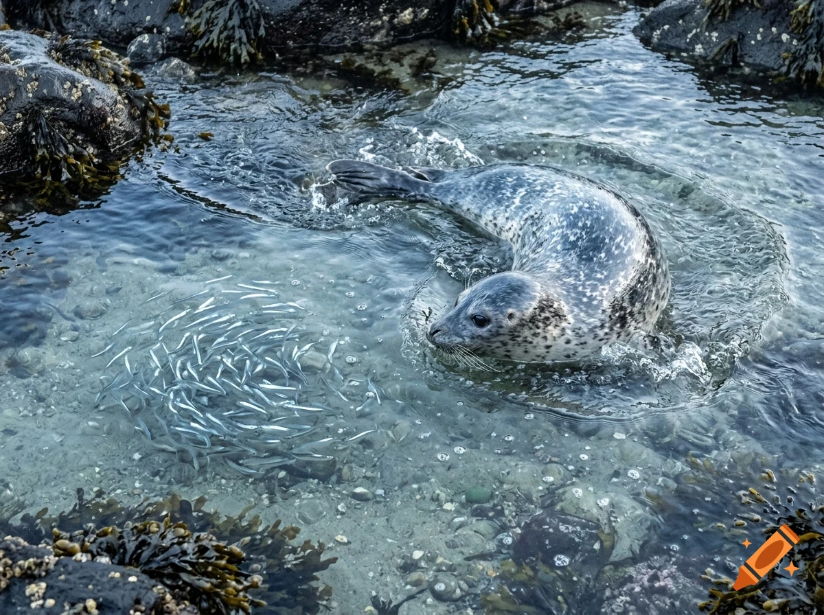 A spotted seal swimming in clear shallow water among rocks, near a school of small silver fish.