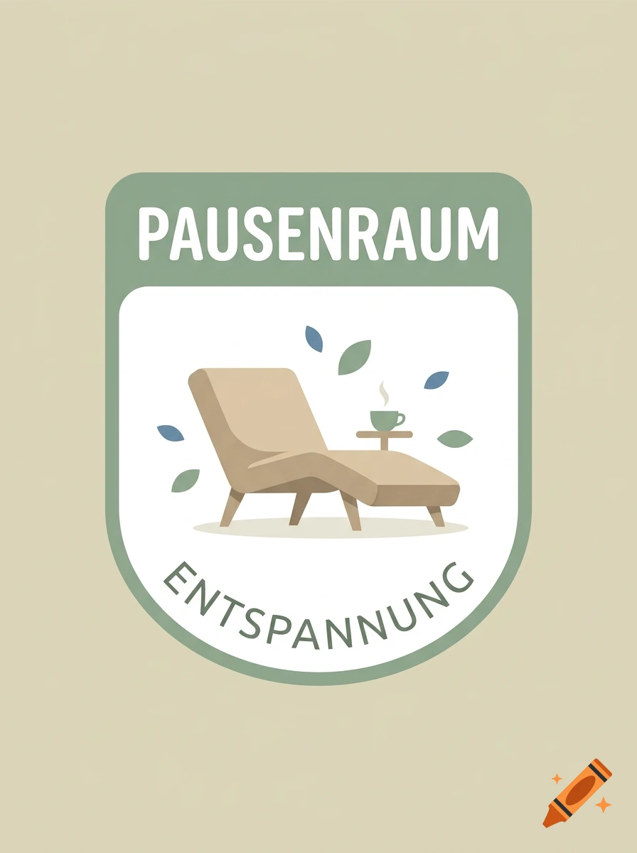 Vector style sign for a break room with the text PAUSENRAUM and ENTSPANNUNG showing a lounge chair and a coffee cup.