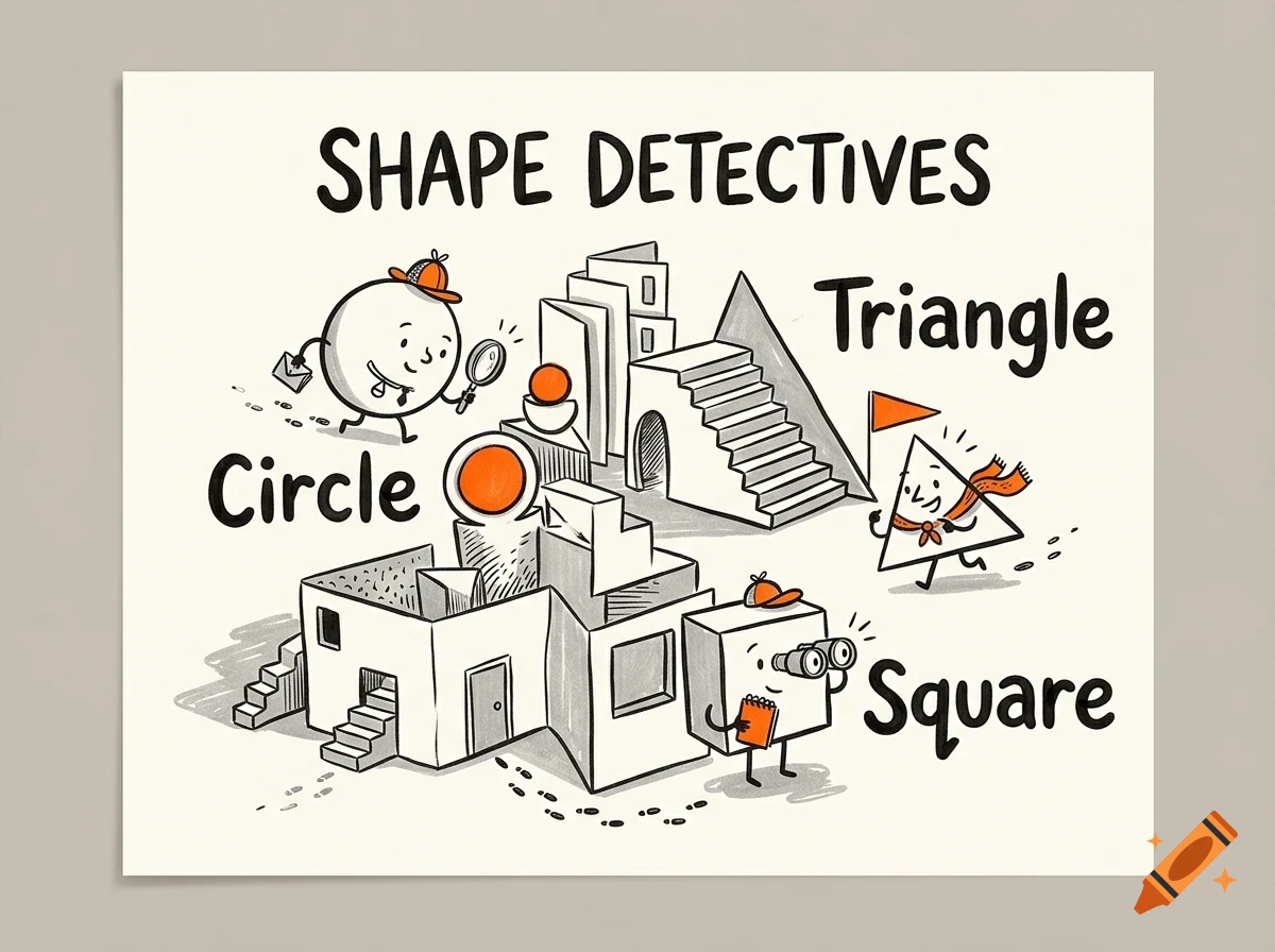 An illustrated educational drawing titled Shape Detectives featuring personified geometric characters representing a circle, triangle, and square.