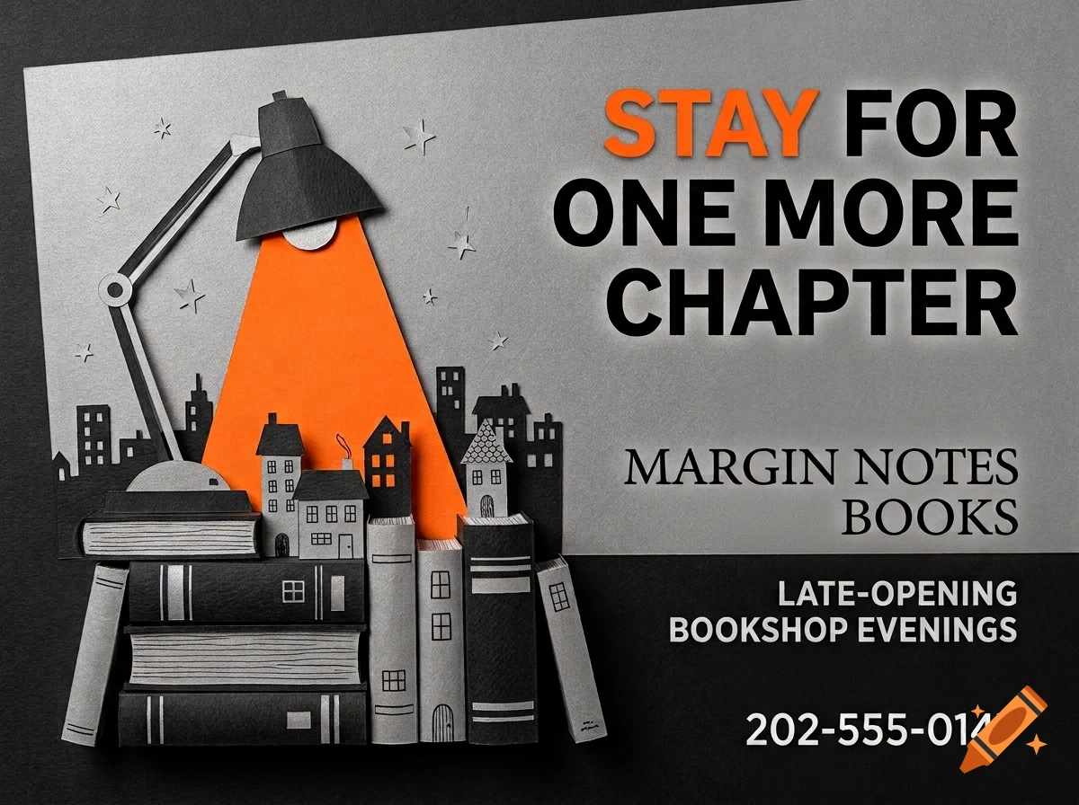 A papercraft artwork depicting a desk lamp casting orange light over miniature houses built from books, accompanied by the text Stay for one more chapter.