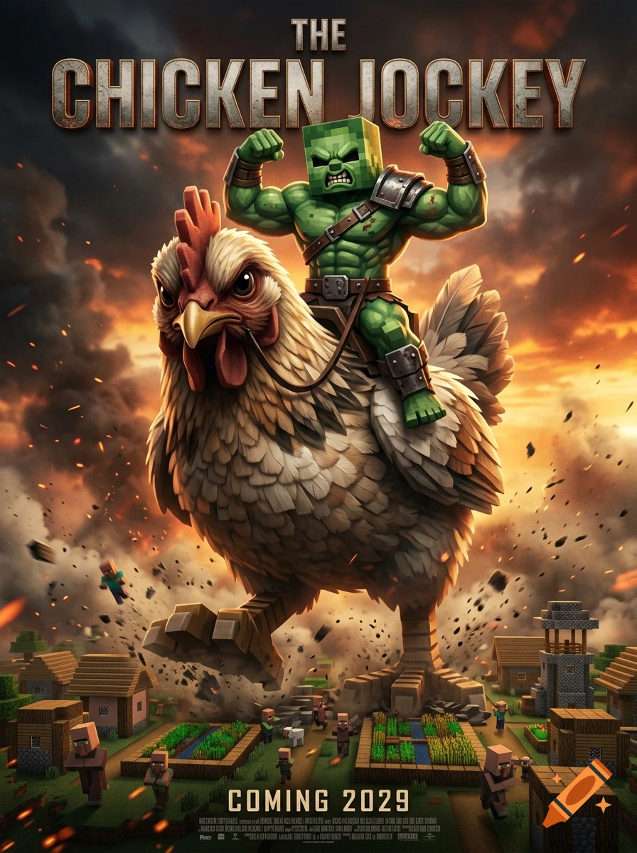 A massive realistic Minecraft chicken ridden by a muscular green zombie bodybuilder trampling a village under a fiery sunset.