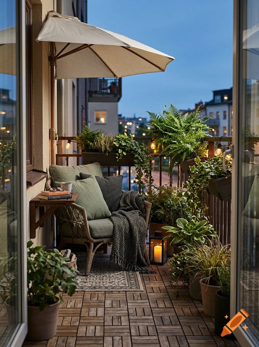 A cozy apartment balcony decorated with potted plants, an armchair, a small table, string lights, and an umbrella at dusk.