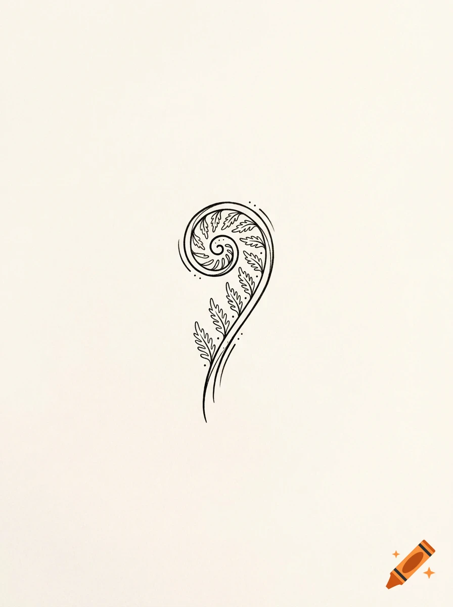 A black ink line drawing of an unfurling fern frond or koru on a plain light background.