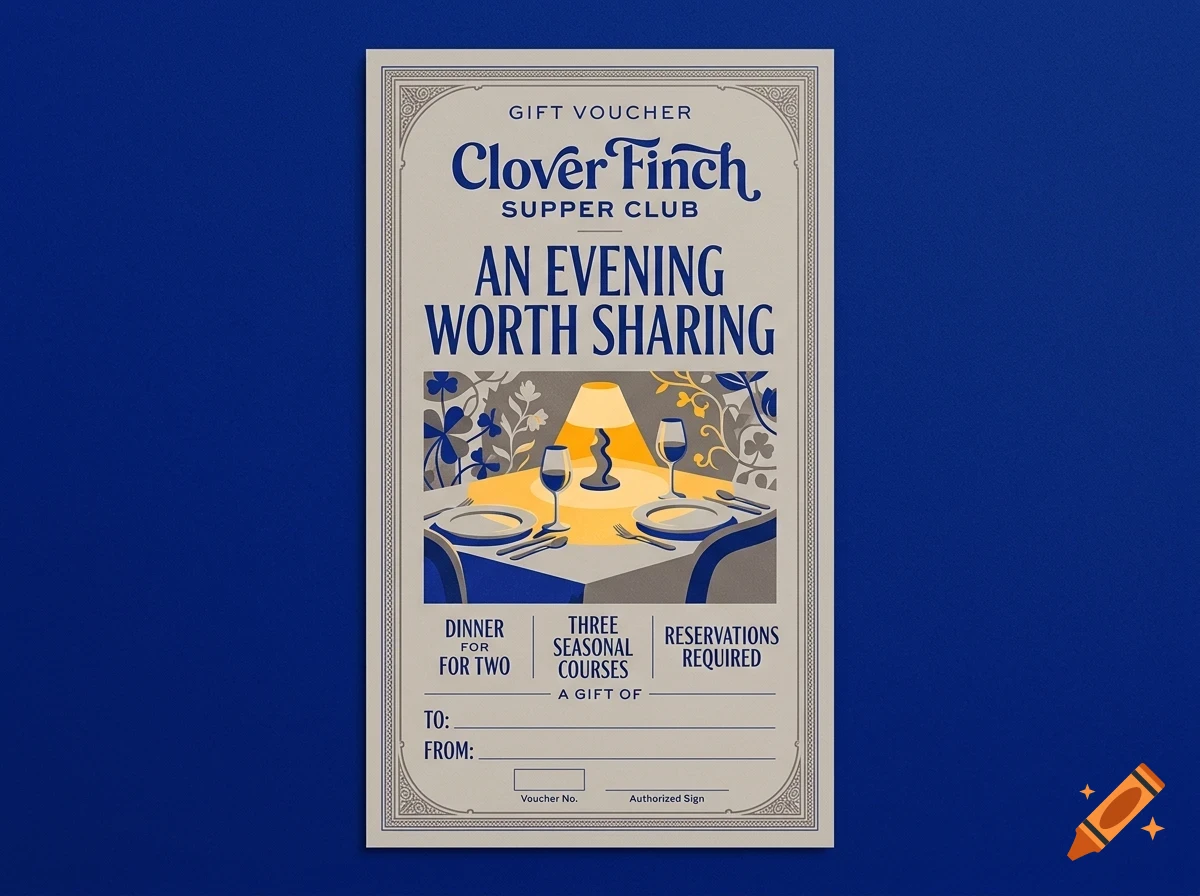 A gift voucher for Clover Finch Supper Club with a vintage illustration of a restaurant table set for two.