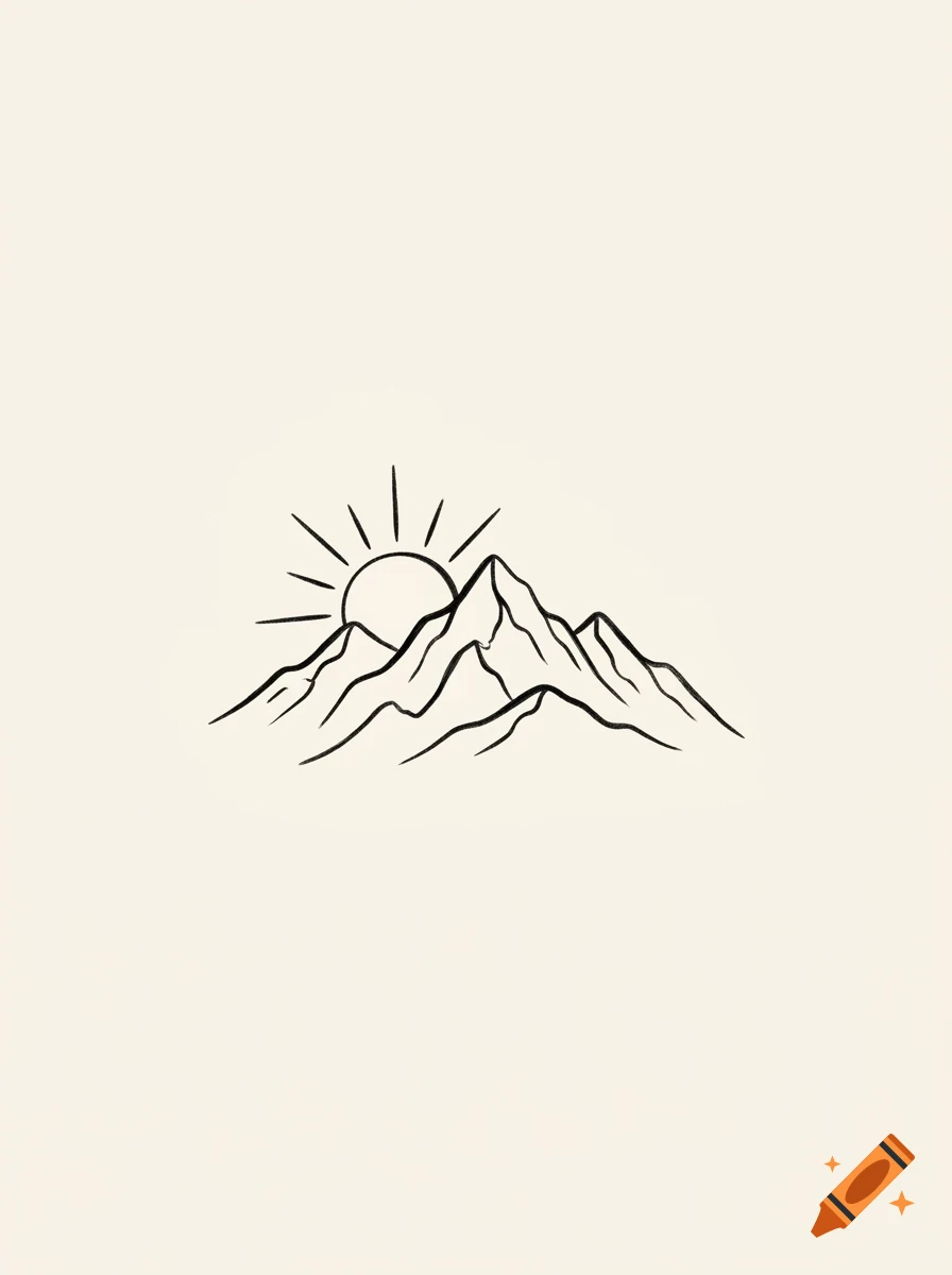 Minimalist black line drawing of mountains and a rising sun on a beige background.