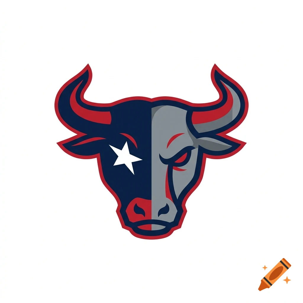 Vector logo of a bull head in red, blue, and grey with a white star, styled after the Houston Texans.