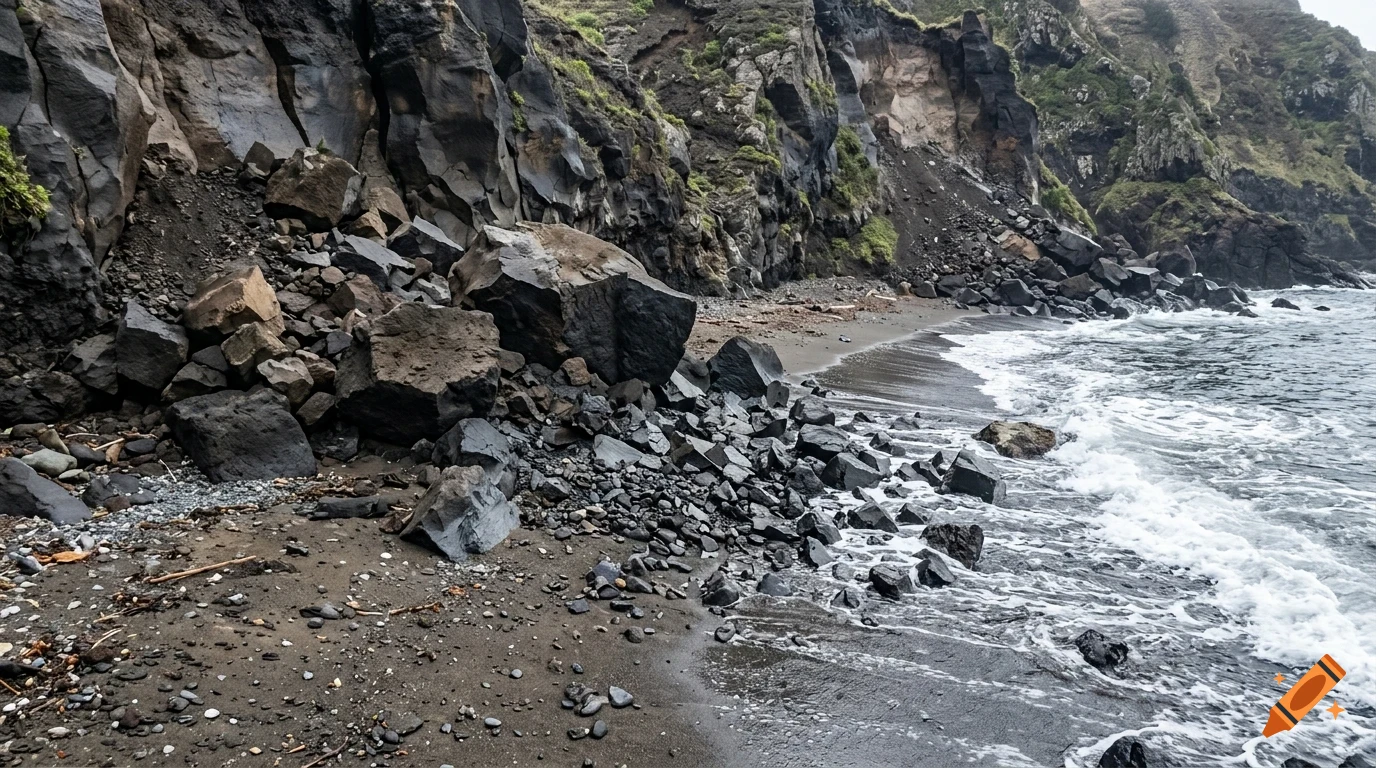 A rocky beach with dark volcanic rocks and cliffs meeting the ocean waves.