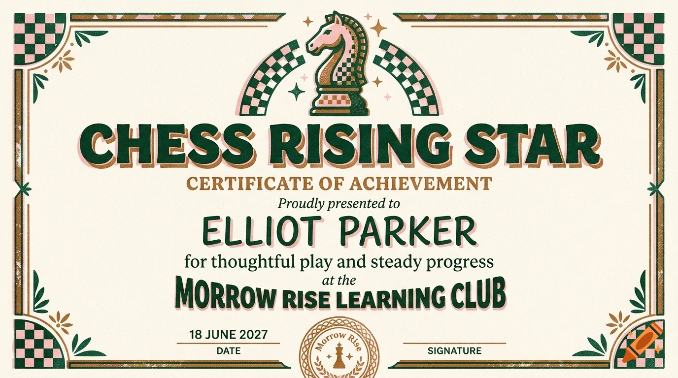 An illustrated certificate of achievement for Chess Rising Star, featuring a chess knight icon and decorative borders.