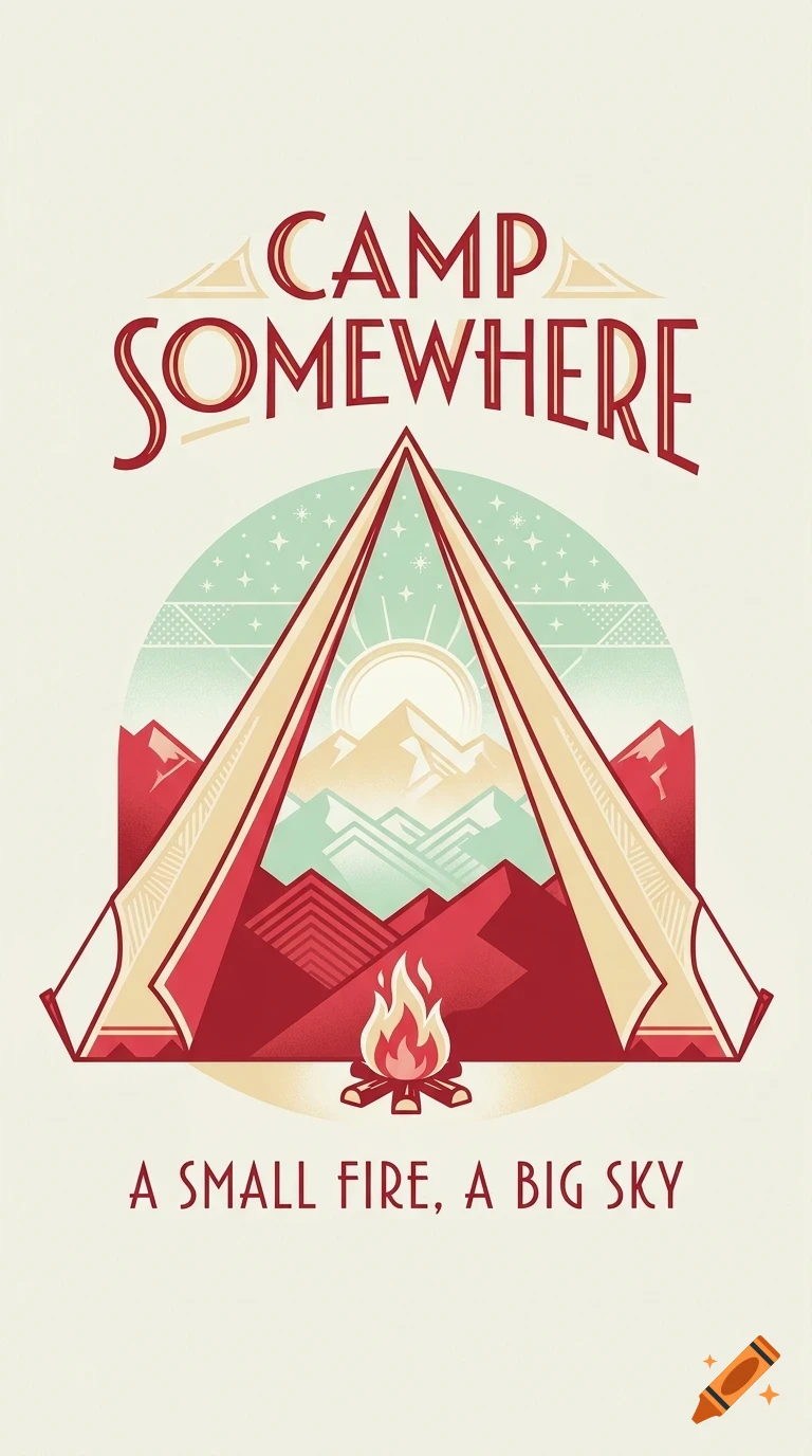An illustration of a campsite with mountains, a campfire, and a tent, featuring the text 'CAMP SOMEWHERE' and 'A SMALL FIRE, A BIG SKY'.