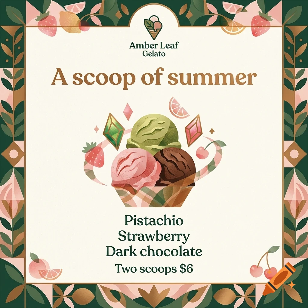 An illustrated gelato poster featuring three scoops of ice cream in a waffle bowl, surrounded by decorative borders, fruit, and text.